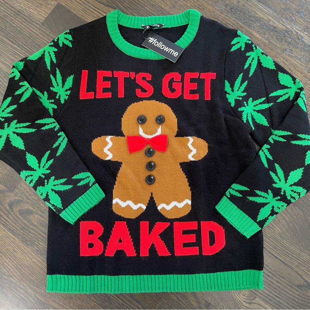 Ugly sweater with gingerbread man and ganja leaves
